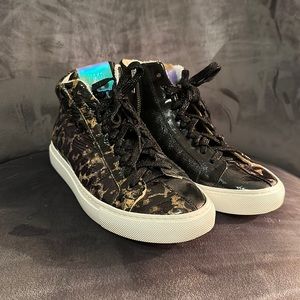 High Top Crinkled Leather Leopard Sneaker